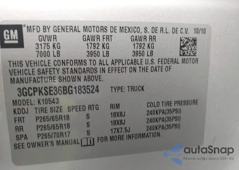 2011 Chevrolet Silverado 1500 Lt z USA, uszkodzony, nr VIN 3GCPKSE36BG183524